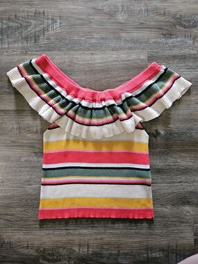 Billabong‎ 'Take A Trip' Striped Off The Shoulder Ruffled Ribbed Knit Top